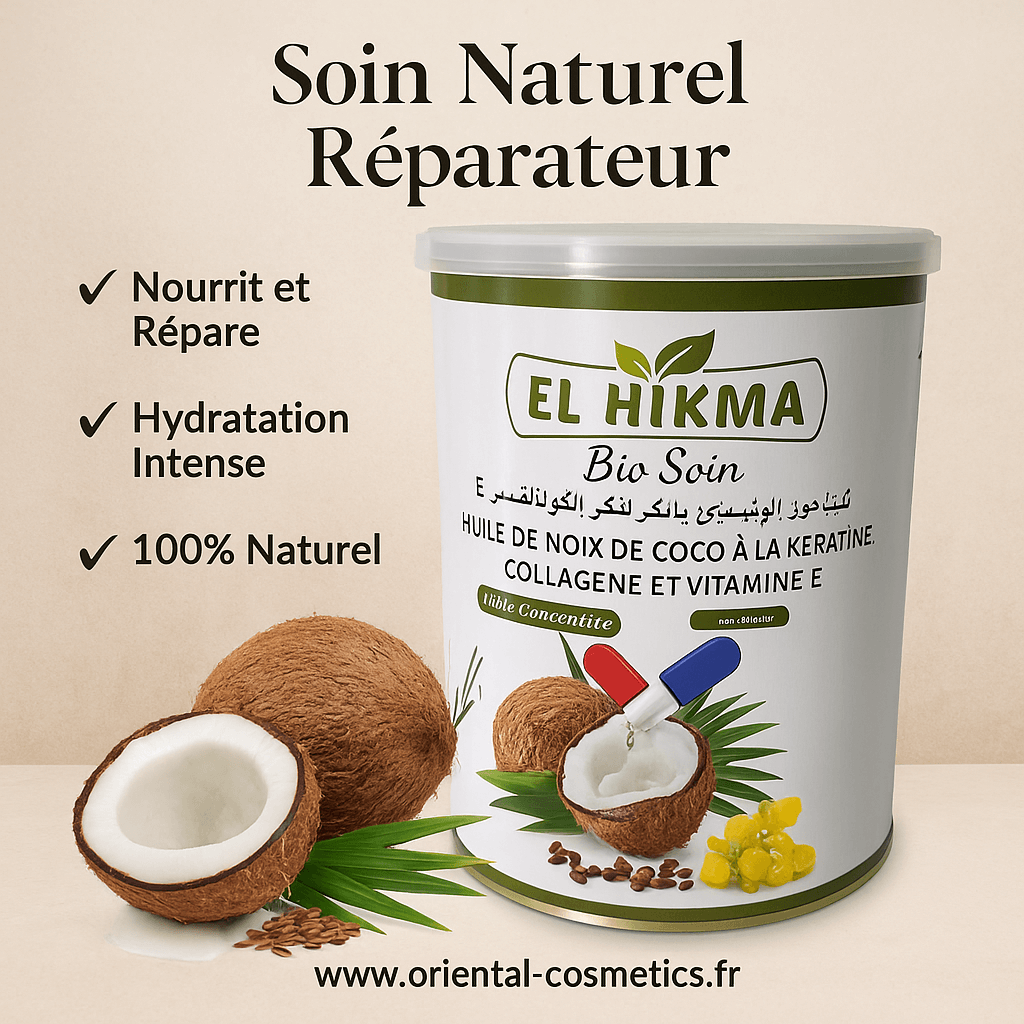 Huile de Noix de Coco à la Kératine, Collagène & Vitamine E AL HIKMA – Réparation & Brillance 350mL