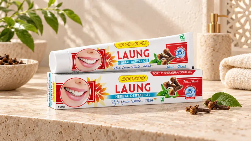 Tube et boîte du dentifrice HERBAL CLOVE au clou de girofle Loo Loo, posés sur un plan de salle de bain avec clous de girofle et feuilles
