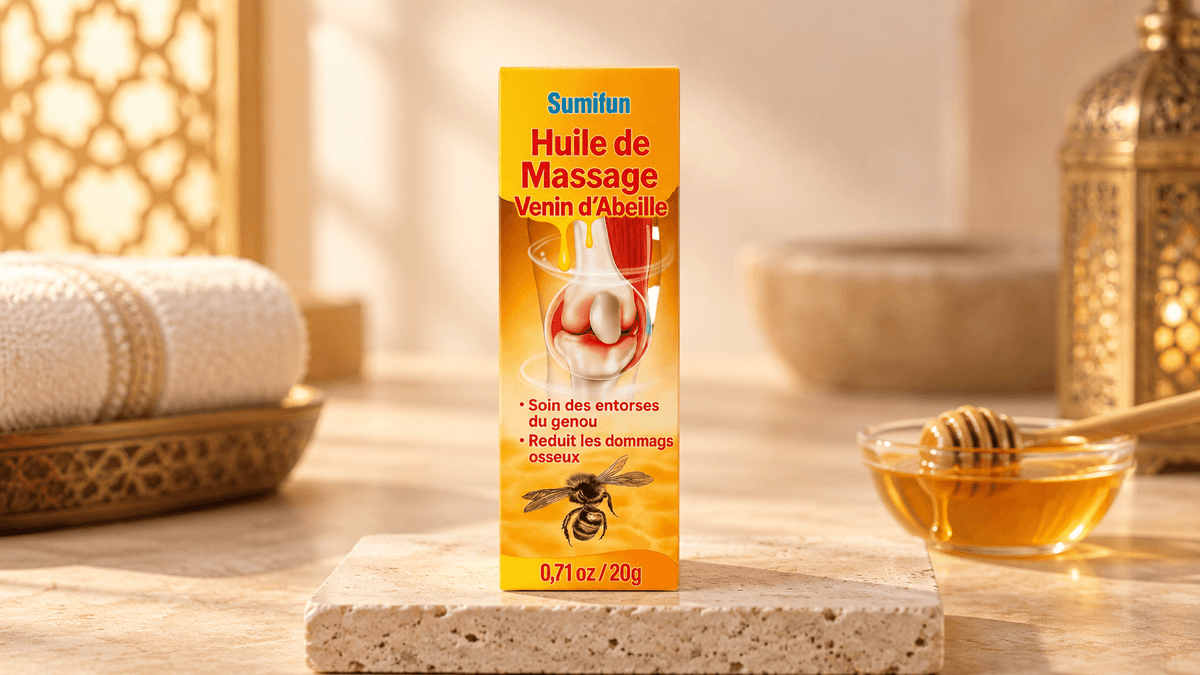 Huile de massage Sumifun au venin d'abeille, coffret posé sur une pierre dans une ambiance hammam avec bol de miel